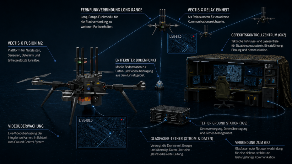 VECTIS X Fusion M2 als tethergestützte UAV-Systemplattform mit Tether Ground Station, Long-Range-Funkverbindung, Relay-Einheiten, Videodatenübertragung und Anbindung an ein übergeordnetes C2- oder Missionssystem.
