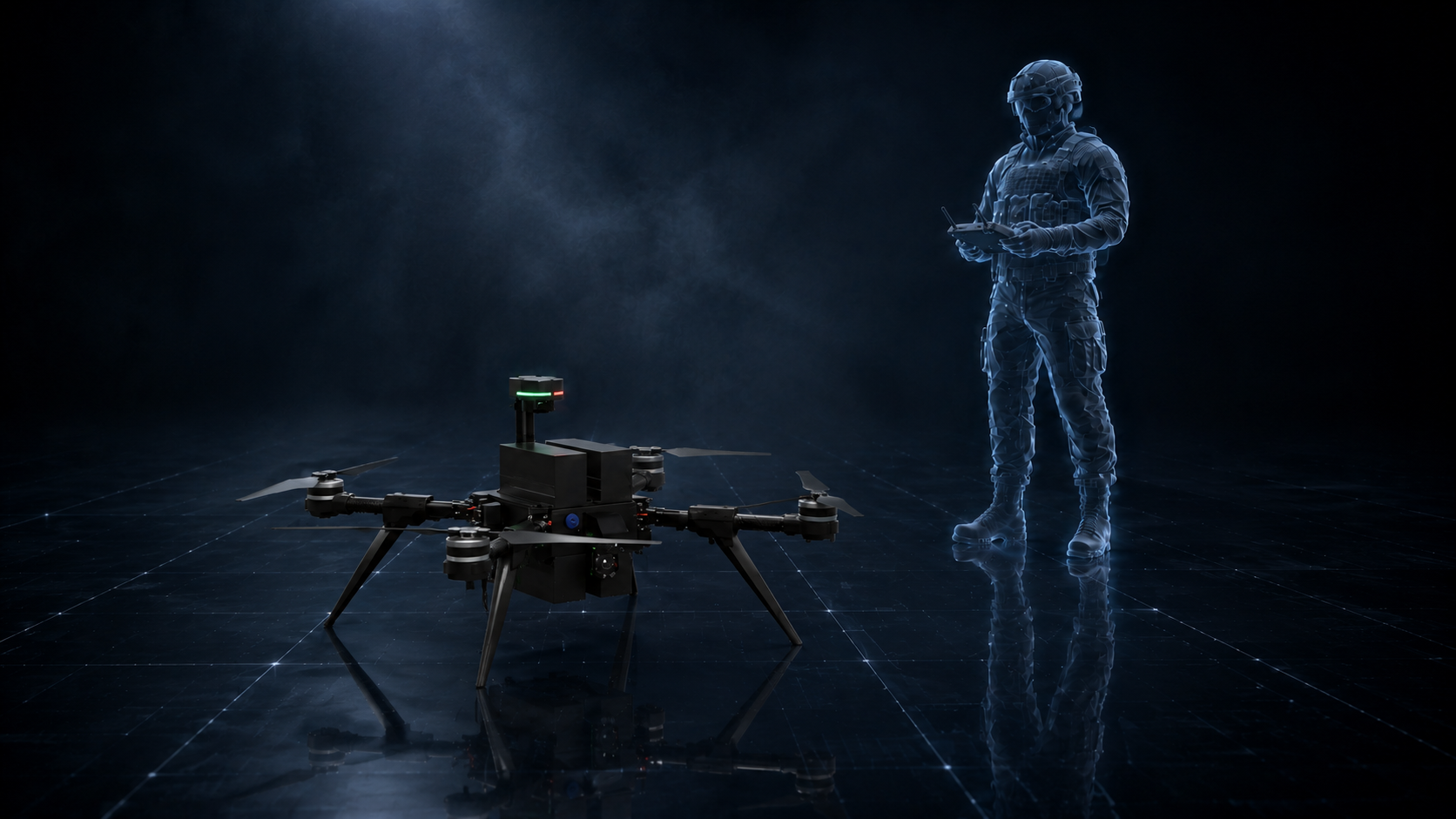 VECTIS X Fusion M2 in einsatznaher Konfiguration mit TVM, Pufferakku und Antennenmodul, dargestellt mit gläsernem Soldatenpiloten als Größenreferenz.
